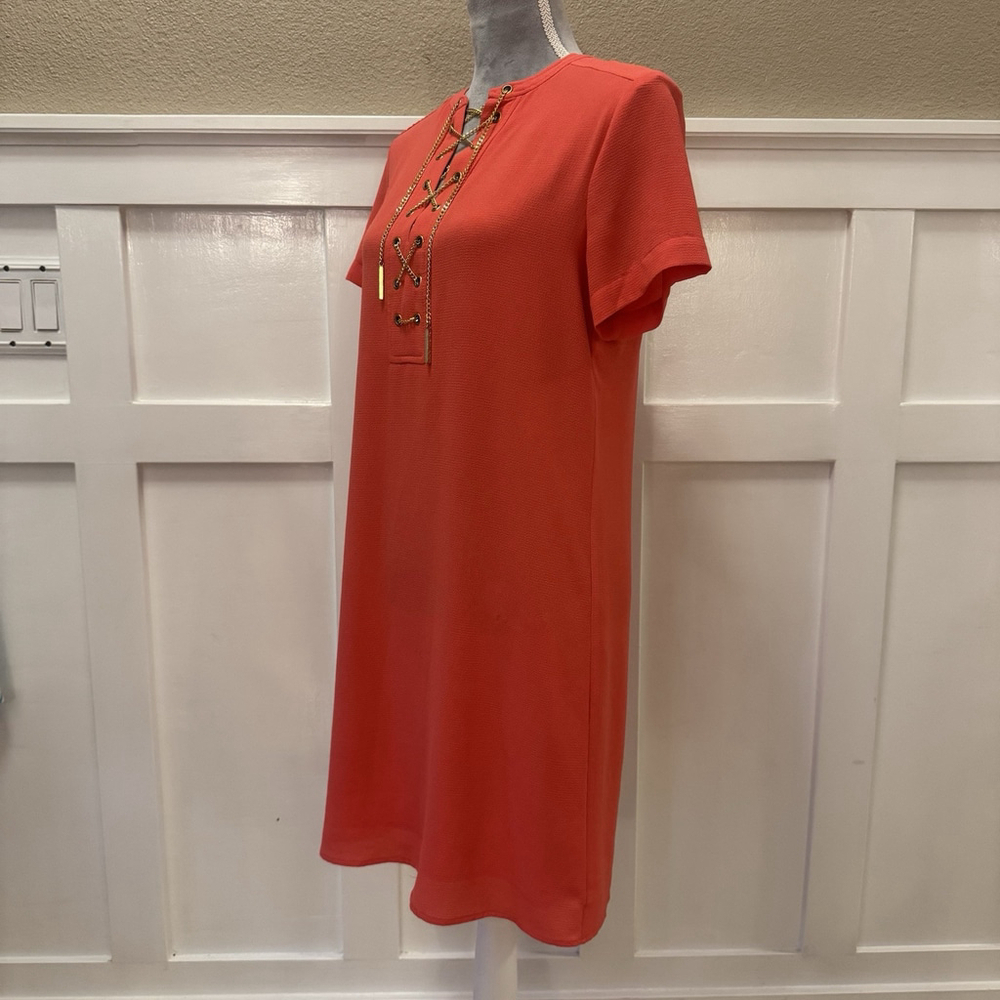 Michael Kors Women's Size:S Mini Dress Short Sleeve Gold Chain Detail Orange Red - Picture 3 of 12